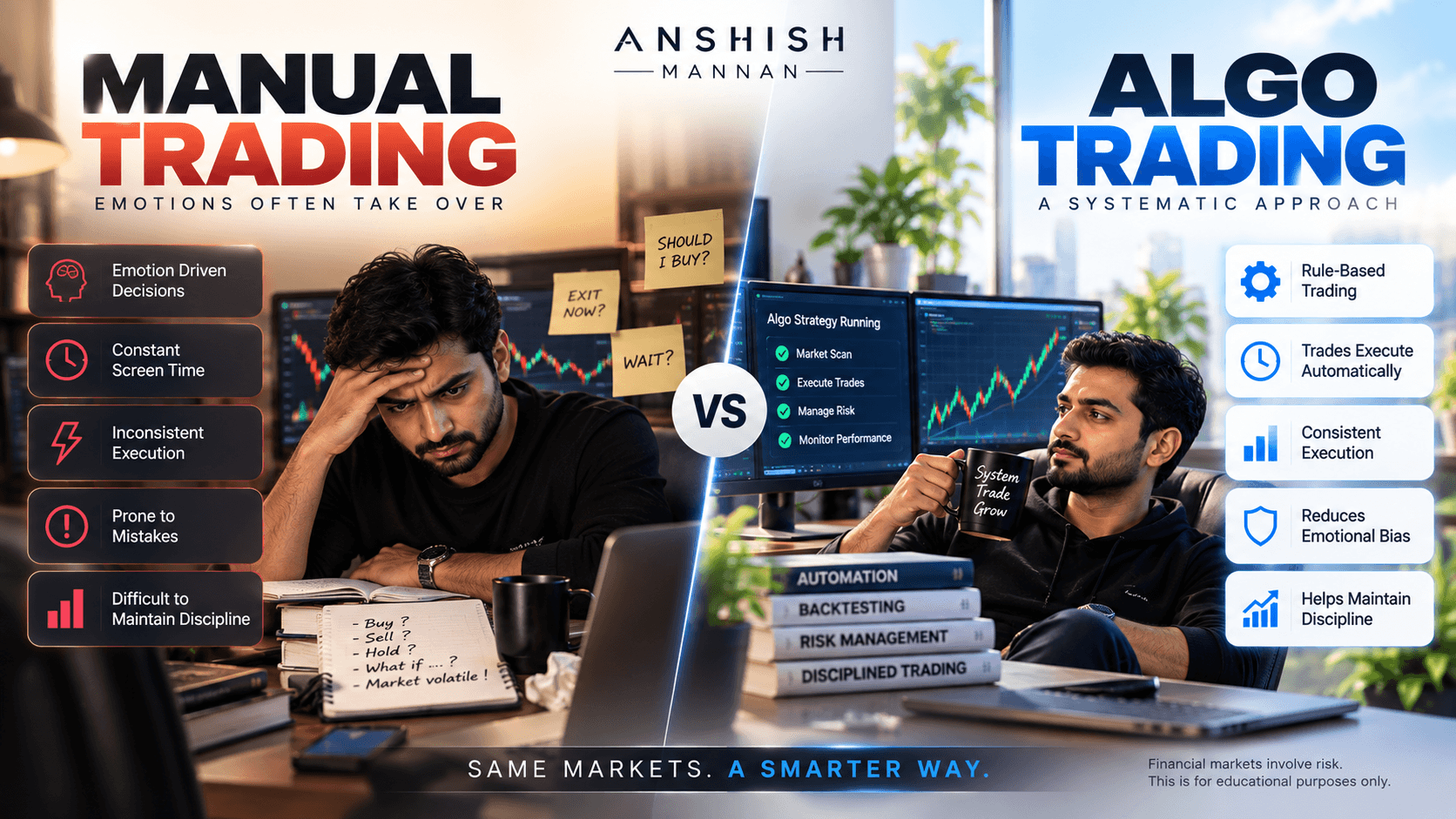 Manual trading compared with algo trading. Manual trading — emotions often take over: emotion-driven decisions, constant screen time, inconsistent execution, prone to mistakes, difficult to maintain discipline. Algo trading — a systematic approach: rule-based trading, trades execute automatically, consistent execution, reduces emotional bias, helps maintain discipline. Same markets, a smarter way. Financial markets involve risk; this is for educational purposes only.
